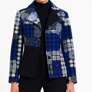 Wool Domani Blue Worldly Checkered Patch Polka Dot Black Jacket Medium LINEA
